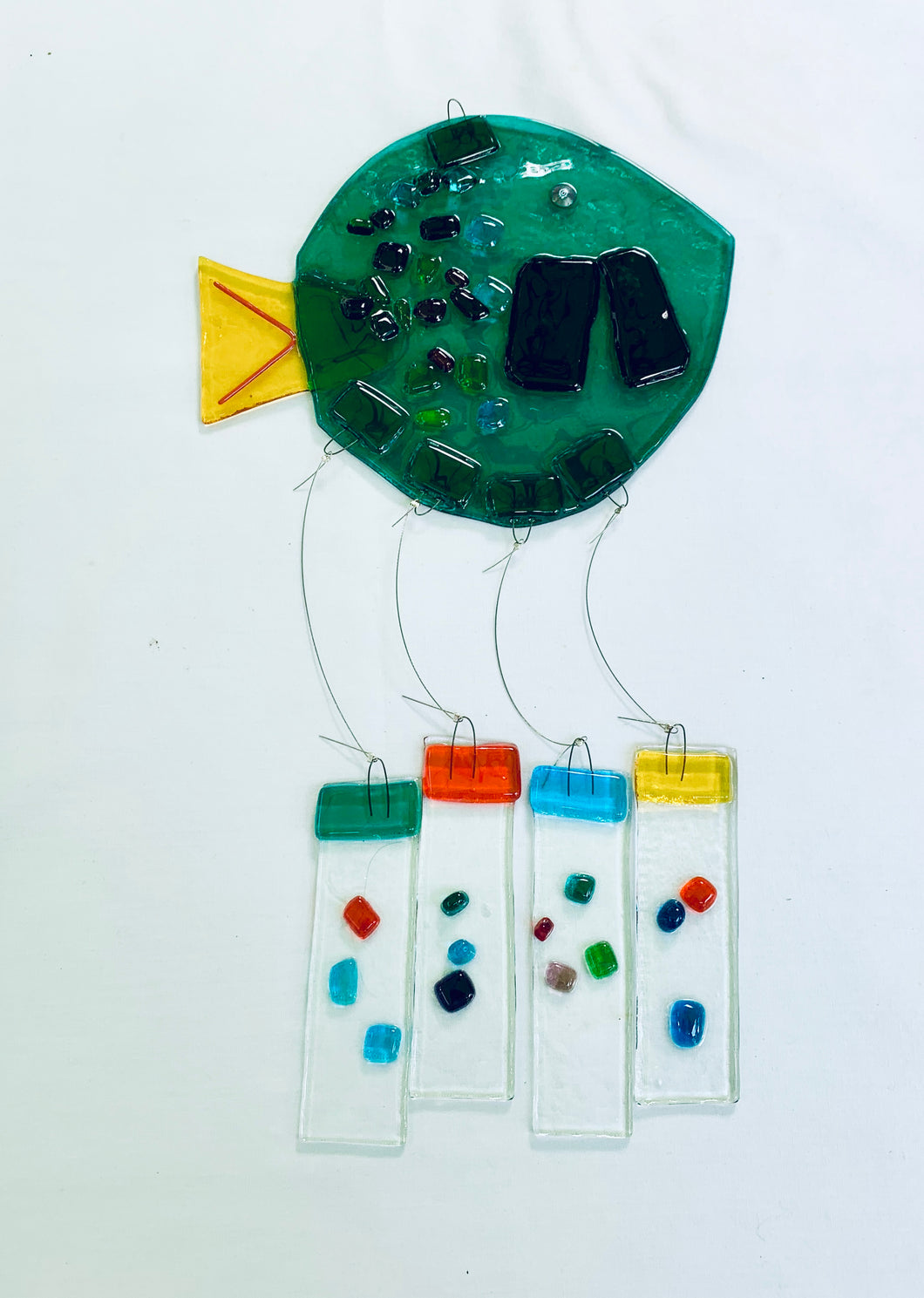 Fused Glass Teal Round Fish Windchime