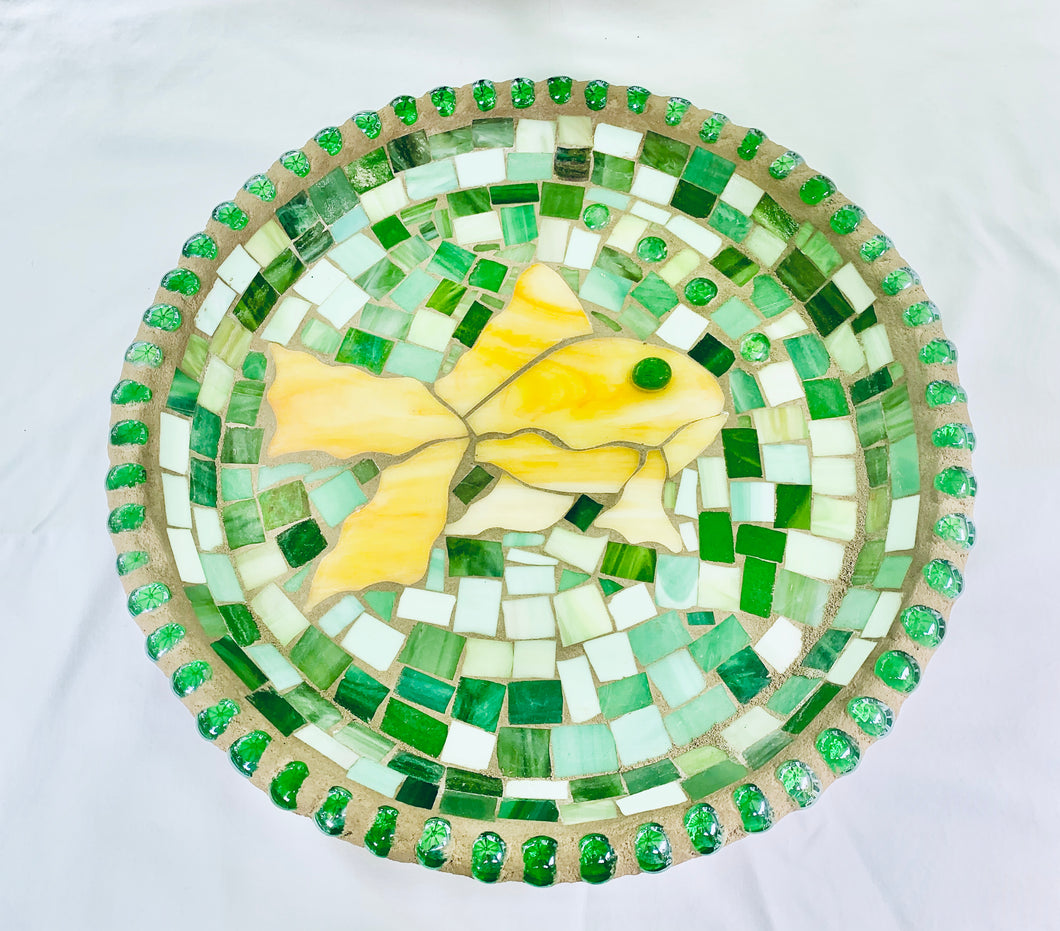 Stained Glass Mosaic Fish With Green Birdbath Top