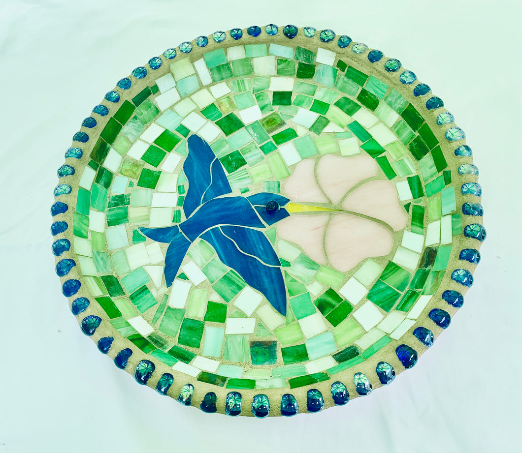 Stained Glass Mosaic Blue Hummingbird Birdbath Top