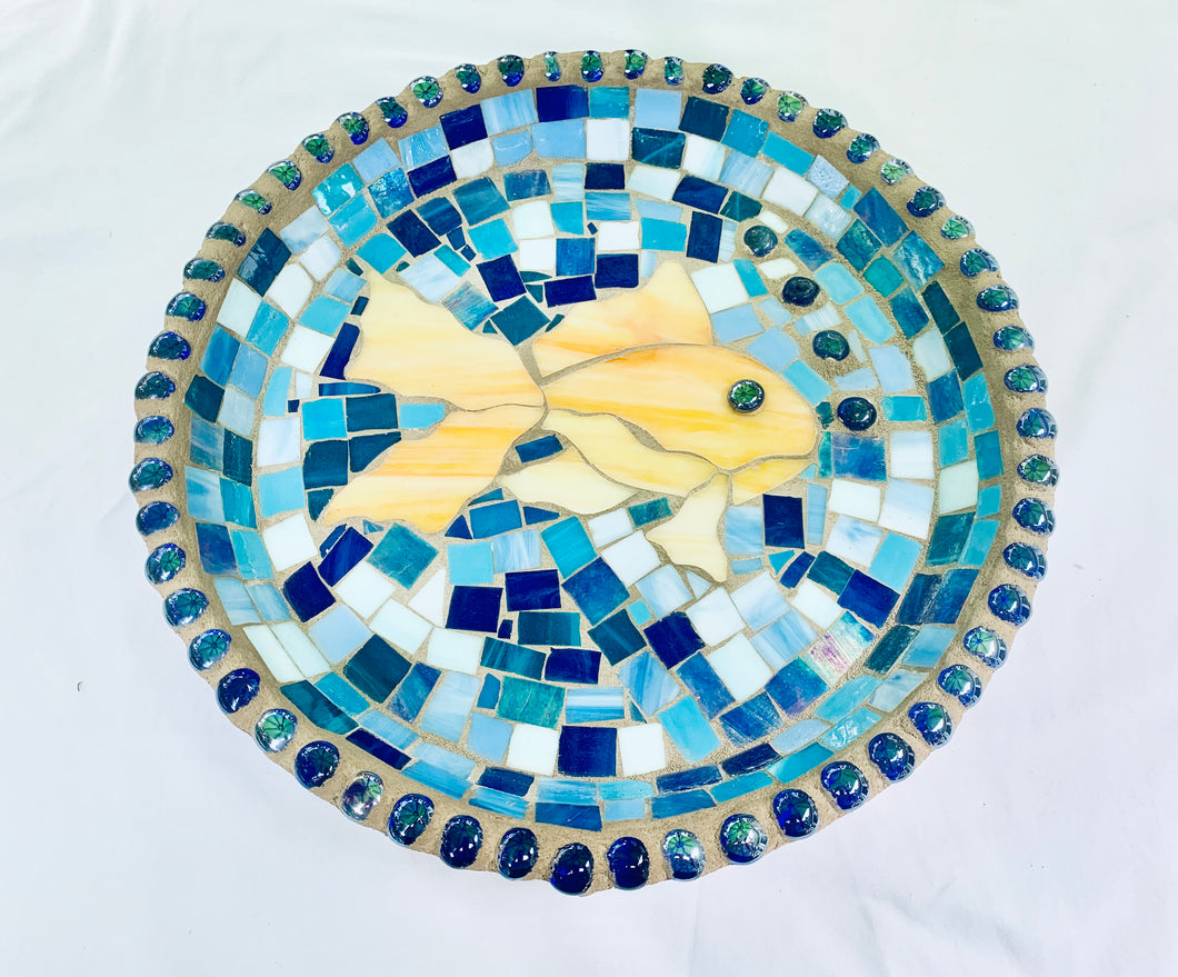 Stained Glass Mosaic Fish With Blue Birdbath Top