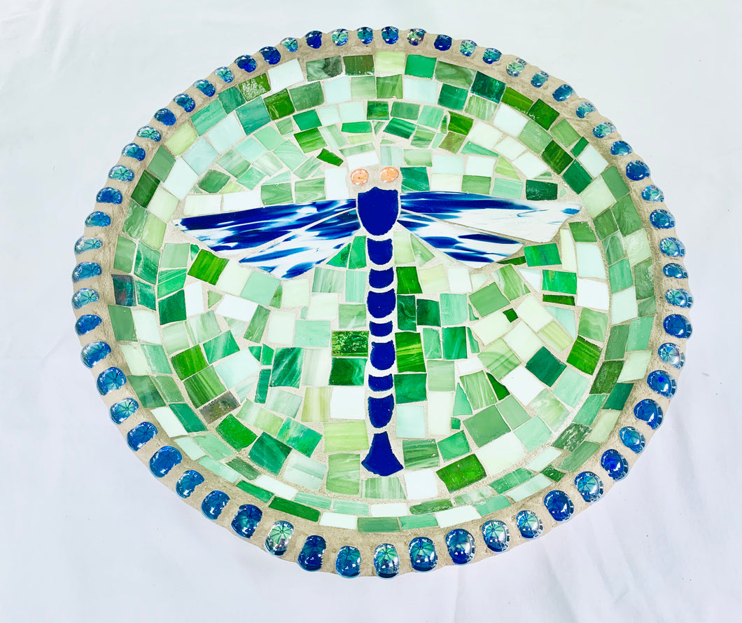 Stained Glass Mosaic Large Blue Dragonfly Birdbath Top