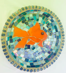 Stained Glass Mosaic Bright Orange Fish With Blue Birdbath Top