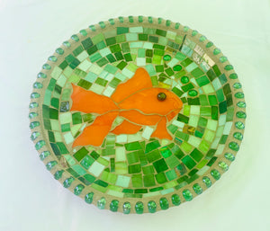 Stained Glass Mosaic Bright Orange Fish With Green  Birdbath Top