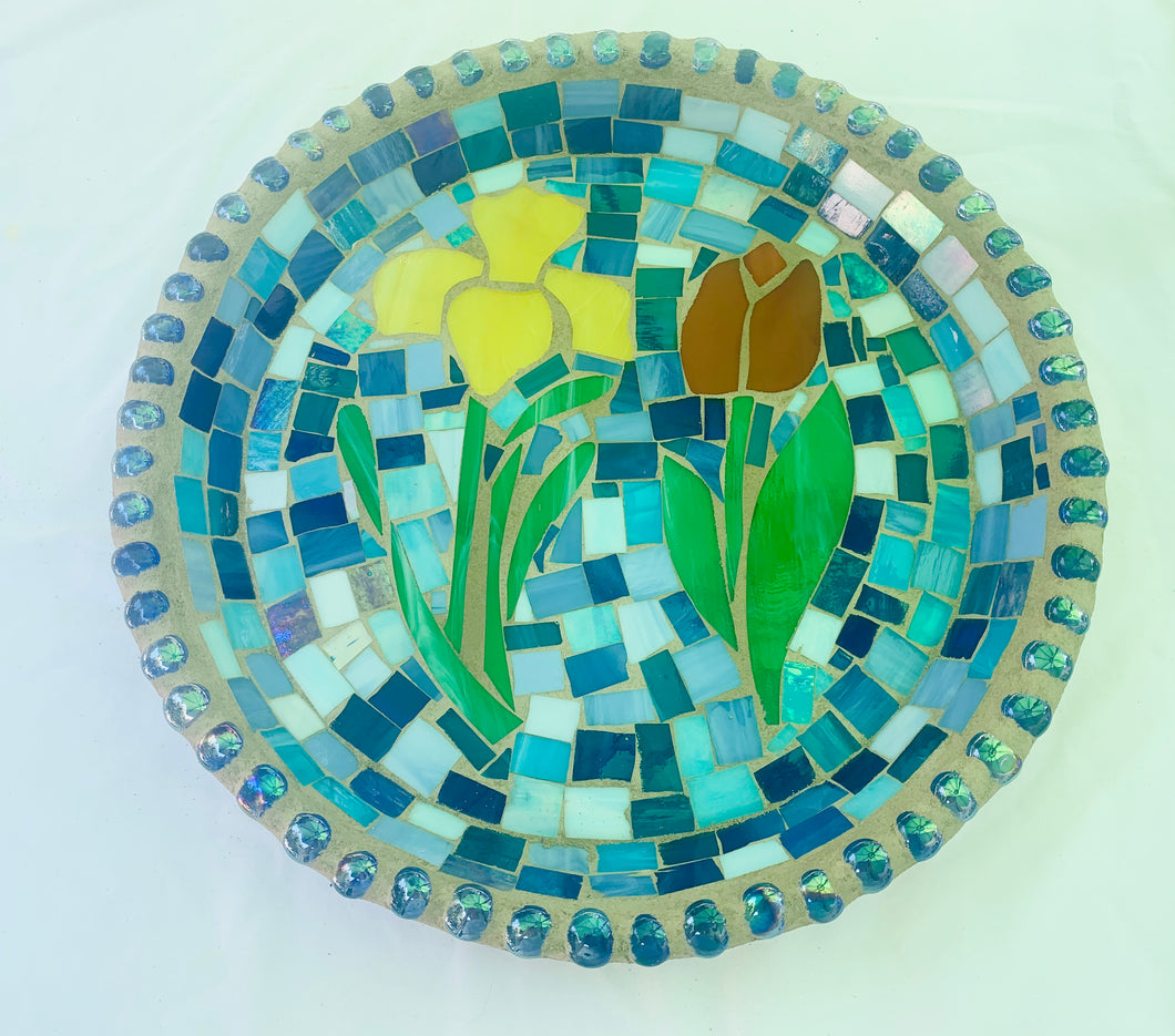 Stained Glass Mosaic Daffodil/Tulip Birdbath Top